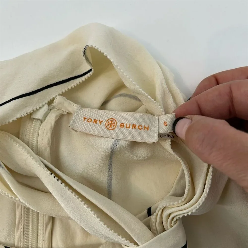 Tory Burch Window Pane Check Silk Windsor Tie Ivory Long Sleeve Blouse, S/6